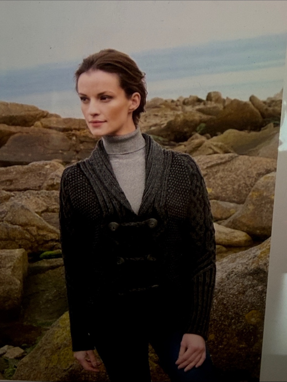 ARAN CRAFTS Ireland Merino Wool Cable Knit Shawl Cardigan Sweater Charcoal